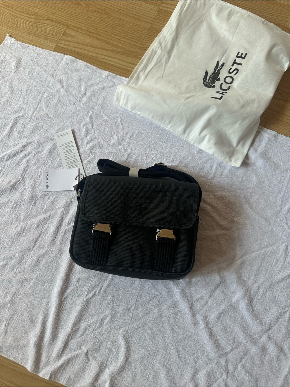 Lacoste Black Compact Crossbody Bag with Silver Hardware